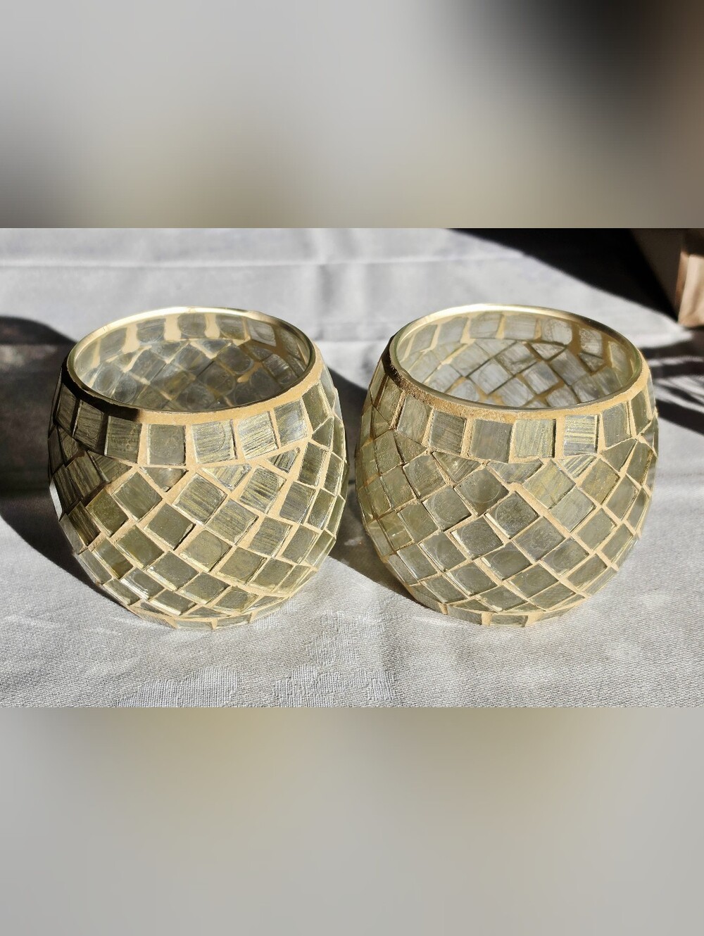 Home Interiors Mosaic Candle Holders Pair | Beige